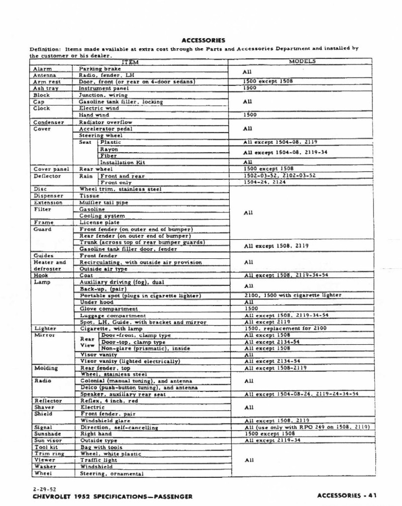 1952 Chevrolet Specifications Page 9